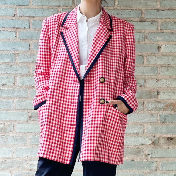 Vintage Jackets & Blazers - Vintage Gingham Blazer 80s JNY Red Plaid Prep Trim Boxy Check Jacket Long